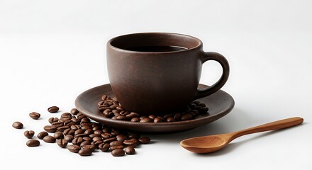 Fototapeta premium Dark Roast Coffee in Rustic Ceramic Mug with Beans and Wooden Spoon