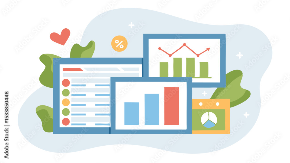 Poster illustration of data analytics dashboards with bar graphs and line charts for business analysis and 