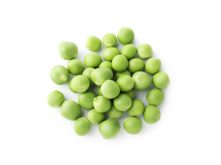 Pile of fresh green peas isolated on white, top view