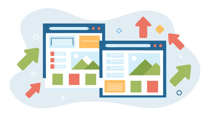 Two website windows with content and arrows pointing upwards and outwards design concept vector