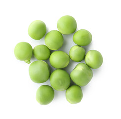 Pile of fresh green peas isolated on white, top view