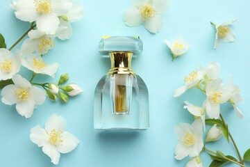 Bottle of perfume and beautiful jasmine flowers on light blue background, flat lay