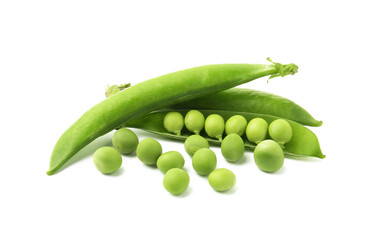Fresh green peas in pods isolated on white