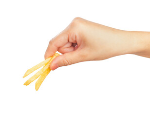 Hand holding french fries isolated on white background.