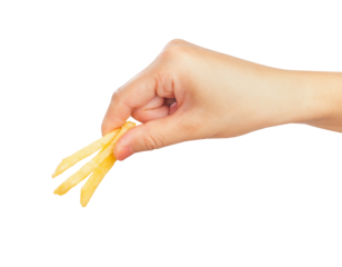 Hand holding french fries isolated on white background.