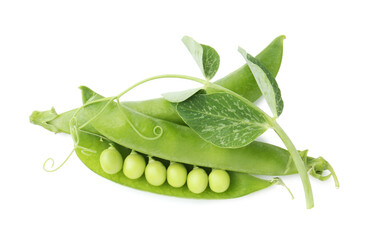 Fresh green peas in pods and sprout isolated on white, top view