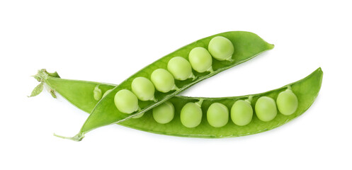 Fresh green peas in pods isolated on white, top view