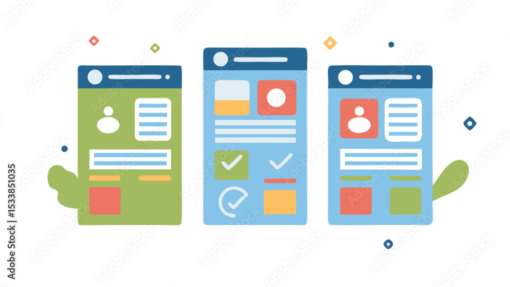 Aufkleber three stylized app interfaces showing profile information and task management screens design vector
