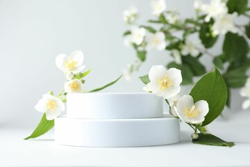Obraz premium Beautiful jasmine flowers with leaves on light background
