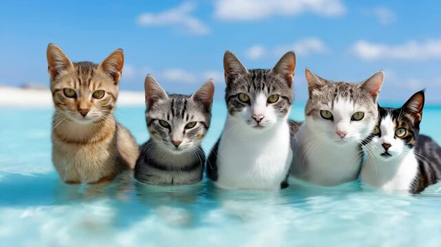 Playful cats enjoy swimming together in tropical paradise beach scene