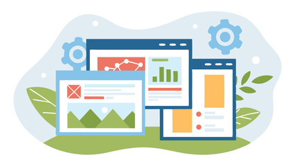 Illustration of three web pages with charts, images, and gears on a green and white background