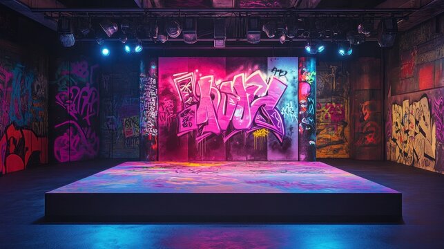 Colorful graffiti art adorns a stage in a dark, urban setting, illuminated by vibrant lighting.