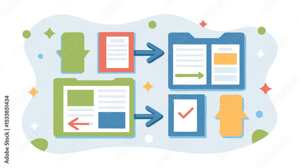 Fototapete diagram showing document workflow with arrows and file folders and checkmarks and document icons