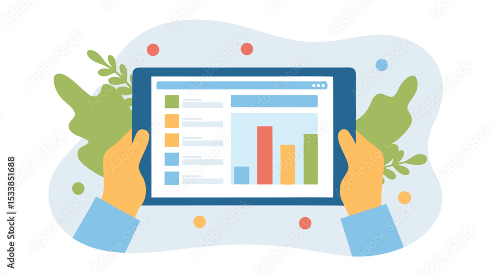 Poster person holding tablet displaying bar chart with leaves and colorful dots in the background