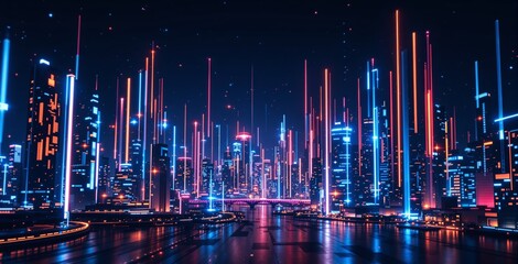 Futuristic neon cityscape with glowing skyscrapers and vertical lights on a night sky background, futuristic urban skyline concept.