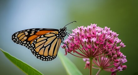 Fototapeta premium Captivating Monarch Butterfly Sipping Nectar from Vibrant Pink Milkweed Blossom in Soft Daylight, Delicate Wing Details, Elegant Nature Scene, Environmental Harmony, Beauty of Summer Pollination
