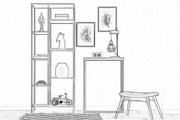 Graphic sketch of room interior with furniture on white background