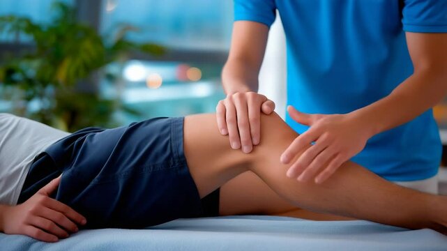 Athlete receiving knee joint massage from sports therapist, illustrating physical therapy, sports recovery, injury prevention, professional healthcare and athletic performance support - Powered by Adobe