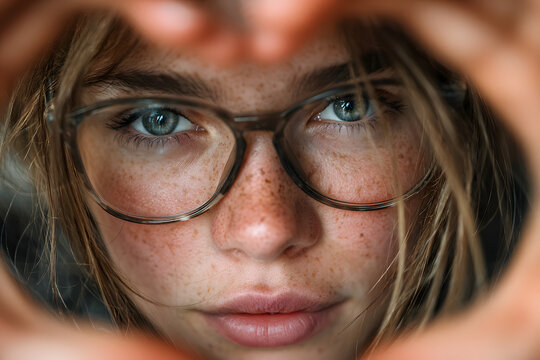 Simbolo del Cuore sugli occhiali di vetro appannato tenuti in mano da una ragazza.