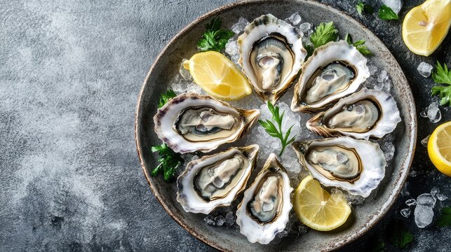 Fresh oysters on the half shell arranged in a circle with lemon wedges and crushed ice on a ceramic plate