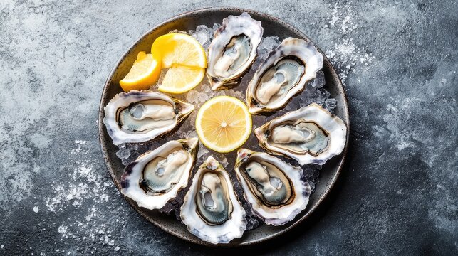 Fresh oysters on the half shell arranged in a circle with lemon wedges and crushed ice on a ceramic plate