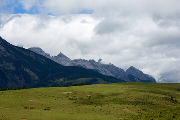 Lijiang Jade Dragon Snow Mountain mist-shrouded mountain range and vertical vegetation scenery