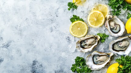 Icy oyster plate featuring lemon slices and parsley garnish on a clean background