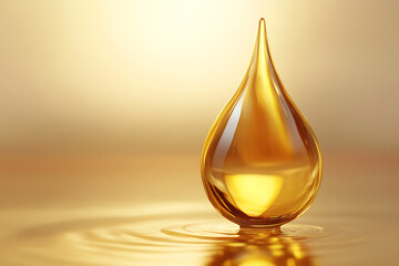 Golden oil droplet in soft focus with radiant background and smooth ripples. Luxurious, natural skincare or essential oil concept. Ideal for beauty, wellness, or cosmetic branding visuals.