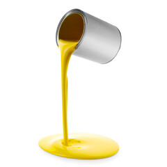 Yellow paint pouring out of can on white background