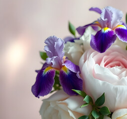  Soft Pastel  Bouquet with Roses, Iris on pastel blurred background.  Soft Pastel Floral Background — Perfect for Cards, Print & Web