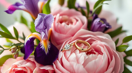 Vibrant Top-View Wedding Bouquet with Rings, Iris and Peony