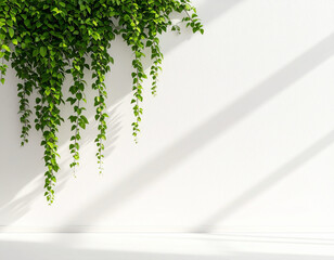 Obraz premium Naturalistic photo of a cascading shrub on a white wall, ivy-like growth pattern, soft shadows from daylight, clean minimal setting