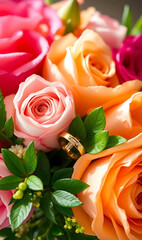 Bright Multicolor Wedding Bouquet — Macro with Rings. Dreamy Ethereal Floral Background — Romantic Glow and Soft Focus