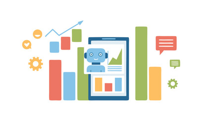 Illustration of a robot on a phone screen with graphs and charts around it showing data analysis