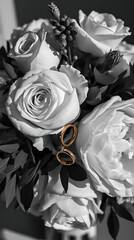 Elegant Black and White Floral Composition with Wedding Rings