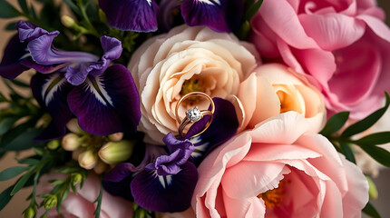 Colorful Macro Photo of Romantic Rose Bouquet with Rings. Warm Floral Background with Spring Colors and Wedding Rings