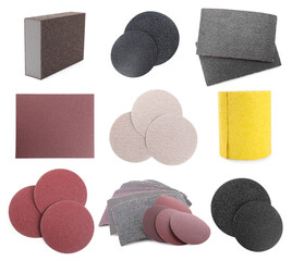 Different types of sandpaper on white background, collage