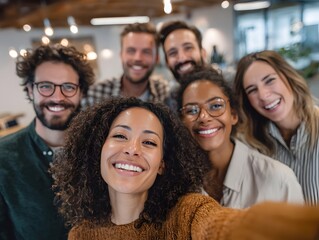 Obraz premium Group taking selfie indoors
