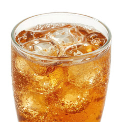 Refreshing glass of iced cola with ice cubes, perfect for a warm day.