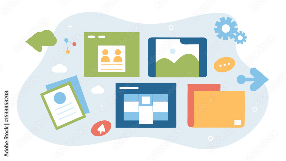 Poster illustration of multiple digital interfaces with documents and settings on light background