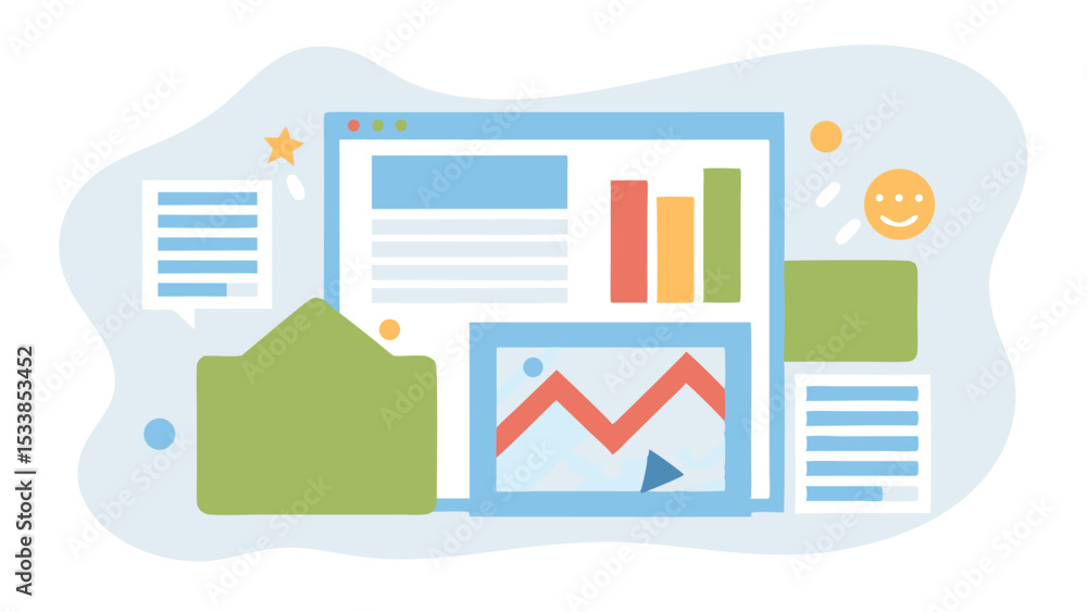 Poster illustration of a dashboard with charts graphs and document icons in a modern style design