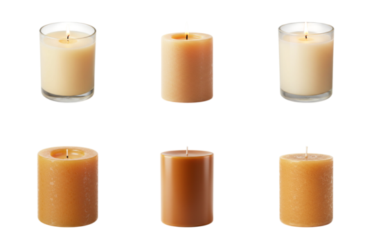 Illuminating Aromas: Six warm-toned candles in various shapes and sizes with flickering flames, each casting a gentle glow. Perfect for creating a tranquil ambiance.
