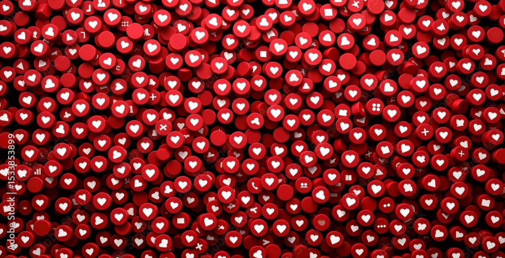 Poster social media engagement icons forming a dense pattern of red heart-shaped symbols on red round butto