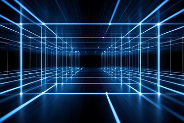 Obraz premium Abstract blue neon grid lines in dark space