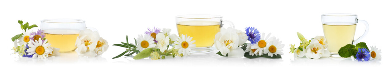 Herbal tea in glass cups and fresh herbs isolated on white, collage