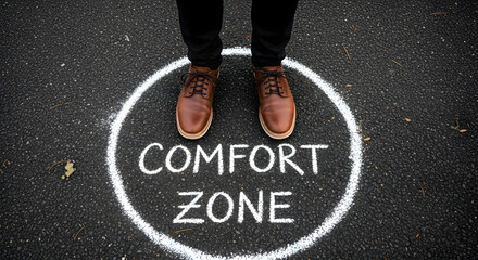 Man standing inside comfort zone circle on asphalt ground. Concept of pushing boundaries and taking risk. Business challenge strategy.