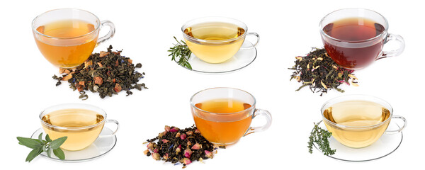 Herbal tea in glass cups isolated on white, collage