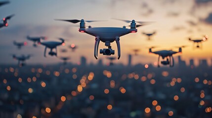robot security drones flying over urban nightscape, infrared vision, tracking targets