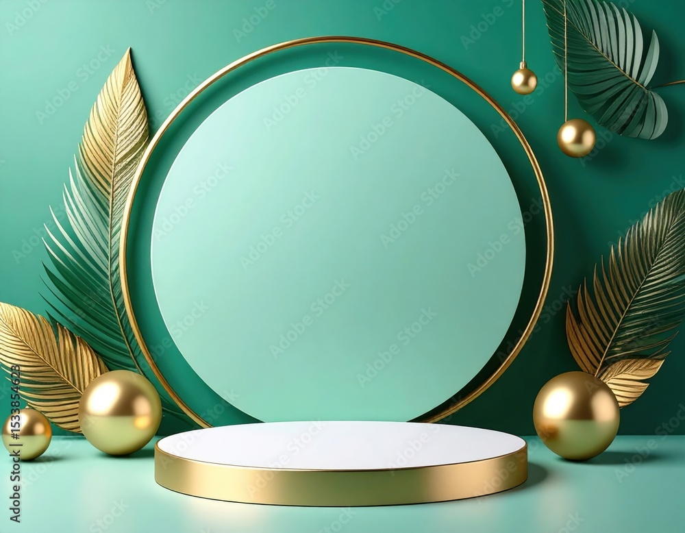 Poster elegant circular display with golden accents and green background decorative setup studio modern aes
