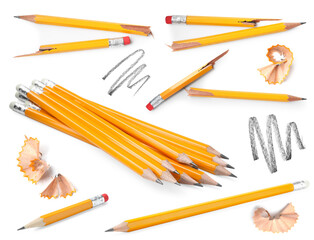 Many graphite pencils on white background, collage